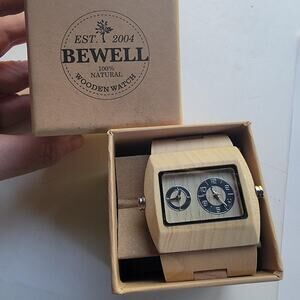 Bewell Mens Watch Beige Dial Natural Wood Bracelet Dual Time Tonneau Analog